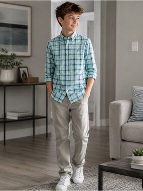Southern Tide Boys Plaid Button-Down Shirt - Light Blue & Green (035)